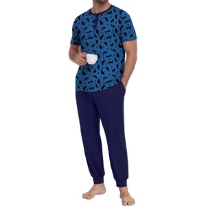 image:imagePrinStory Mens Pajamas Set Short Sleeve Pjs Sets 2 Piece Soft Pajama Henley Neckline Loungewear Sets with PocketsFpblue Cat