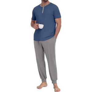 image:imagePrinStory Mens Pajamas Set Short Sleeve Pjs Sets 2 Piece Soft Pajama Henley Neckline Loungewear Sets with PocketsGray Blue Light Gray