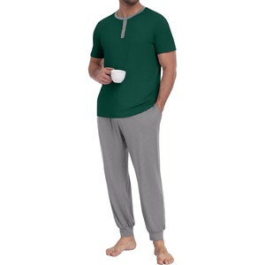 image:imagePrinStory Mens Pajamas Set Short Sleeve Pjs Sets 2 Piece Soft Pajama Henley Neckline Loungewear Sets with PocketsGreen Light Gray