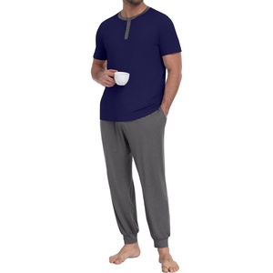 image:imagePrinStory Mens Pajamas Set Short Sleeve Pjs Sets 2 Piece Soft Pajama Henley Neckline Loungewear Sets with PocketsNavy Blue Dark Gray