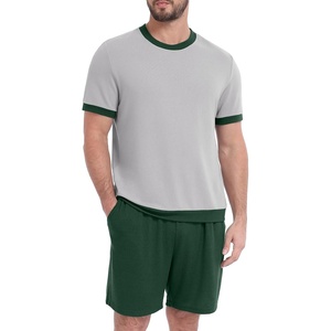 image:imagePrinStory Mens Pajamas Set Short Sleeve Sleepwear Pjs Soft Nightwear 2 Piece Loungewear with Pockets S2XLLight Gray Dark Green