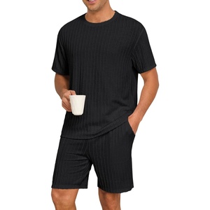 image:imagePrinStory Mens Pajamas Set Summer Pjs Sets Lightweight Short Sleeve Pajama Shorts Set Soft Sleepwear Loungewear with PocketsBlack