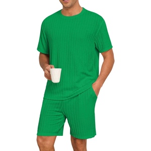 image:imagePrinStory Mens Pajamas Set Summer Pjs Sets Lightweight Short Sleeve Pajama Shorts Set Soft Sleepwear Loungewear with PocketsGrass Green