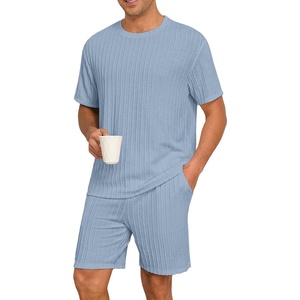 image:imagePrinStory Mens Pajamas Set Summer Pjs Sets Lightweight Short Sleeve Pajama Shorts Set Soft Sleepwear Loungewear with PocketsGray Blue