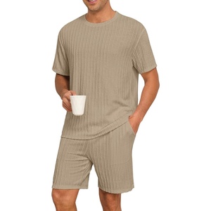 image:imagePrinStory Mens Pajamas Set Summer Pjs Sets Lightweight Short Sleeve Pajama Shorts Set Soft Sleepwear Loungewear with PocketsKhaki