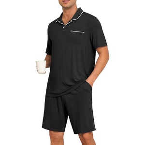 image:imagePrinStory Mens Pajamas Set Summer Pjs Sets Lightweight Short Sleeve Pajama Soft Sleepwear Loungewear with PocketsBlack
