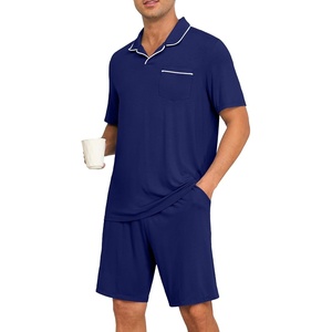 image:imagePrinStory Mens Pajamas Set Summer Pjs Sets Lightweight Short Sleeve Pajama Soft Sleepwear Loungewear with PocketsNavy Blue