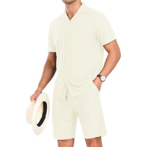 image:imagePrinStory Mens Short Sleeve Outfits 2 Piece Summer Beach Button Down Shirts and Shorts Set Tracksuit with PocketsBeige