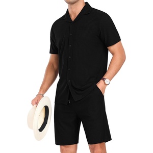 image:imagePrinStory Mens Short Sleeve Outfits 2 Piece Summer Beach Button Down Shirts and Shorts Set Tracksuit with PocketsBlack