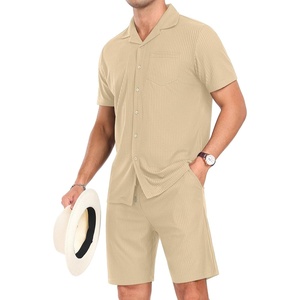 image:imagePrinStory Mens Short Sleeve Outfits 2 Piece Summer Beach Button Down Shirts and Shorts Set Tracksuit with PocketsKhaki