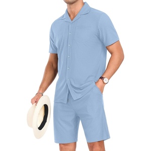 image:imagePrinStory Mens Short Sleeve Outfits 2 Piece Summer Beach Button Down Shirts and Shorts Set Tracksuit with PocketsLight Blue