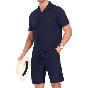 image:imagePrinStory Mens Short Sleeve Outfits 2 Piece Summer Beach Button Down Shirts and Shorts Set Tracksuit with PocketsNavy Blue
