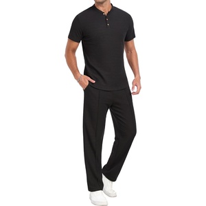 image:imagePrinStory Mens Short Sleeve Outfits Waffle Knit Henley Shirt and Pants Set Casual 2 Pieces Summer Tracksuits with PocketsBlack