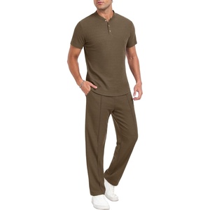 image:imagePrinStory Mens Short Sleeve Outfits Waffle Knit Henley Shirt and Pants Set Casual 2 Pieces Summer Tracksuits with PocketsBrown