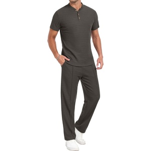 image:imagePrinStory Mens Short Sleeve Outfits Waffle Knit Henley Shirt and Pants Set Casual 2 Pieces Summer Tracksuits with PocketsDark Gray