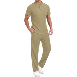 image:imagePrinStory Mens Short Sleeve Outfits Waffle Knit Henley Shirt and Pants Set Casual 2 Pieces Summer Tracksuits with PocketsKhaki