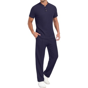 image:imagePrinStory Mens Short Sleeve Outfits Waffle Knit Henley Shirt and Pants Set Casual 2 Pieces Summer Tracksuits with PocketsNavy Blue