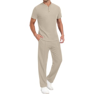 image:imagePrinStory Mens Short Sleeve Outfits Waffle Knit Henley Shirt and Pants Set Casual 2 Pieces Summer Tracksuits with PocketsOatmeal