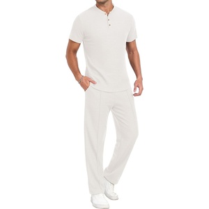 image:imagePrinStory Mens Short Sleeve Outfits Waffle Knit Henley Shirt and Pants Set Casual 2 Pieces Summer Tracksuits with PocketsWhite