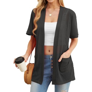 image:imagePrinStory Short Sleeve Cardigans for Women Lightweight Sheer Knit Casual Cover Up with Pockets Summer 2026 Outfit12 Dark Gray