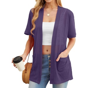 image:imagePrinStory Short Sleeve Cardigans for Women Lightweight Sheer Knit Casual Cover Up with Pockets Summer 2026 Outfit13 Purple