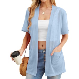 image:imagePrinStory Short Sleeve Cardigans for Women Lightweight Sheer Knit Casual Cover Up with Pockets Summer 2026 Outfit15 Light Blue