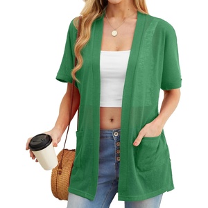 image:imagePrinStory Short Sleeve Cardigans for Women Lightweight Sheer Knit Casual Cover Up with Pockets Summer 2026 Outfit17 Green
