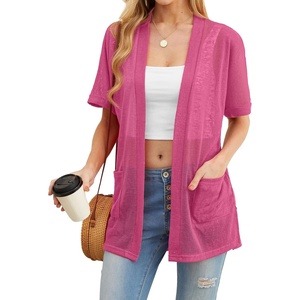 image:imagePrinStory Short Sleeve Cardigans for Women Lightweight Sheer Knit Casual Cover Up with Pockets Summer 2026 Outfit19 Rose Red