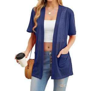 image:imagePrinStory Short Sleeve Cardigans for Women Lightweight Sheer Knit Casual Cover Up with Pockets Summer 2026 Outfit2 Navy Blue