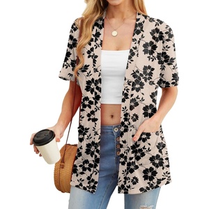 image:imagePrinStory Short Sleeve Cardigans for Women Lightweight Sheer Knit Casual Cover Up with Pockets Summer 2026 Outfit20 Khaki Black Flower
