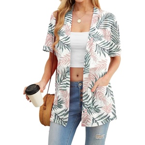 image:imagePrinStory Short Sleeve Cardigans for Women Lightweight Sheer Knit Casual Cover Up with Pockets Summer 2026 Outfit21 White Palm Leaf