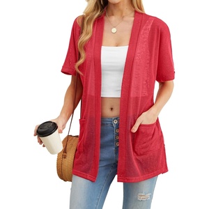 image:imagePrinStory Short Sleeve Cardigans for Women Lightweight Sheer Knit Casual Cover Up with Pockets Summer 2026 Outfit5 Red