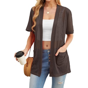 image:imagePrinStory Short Sleeve Cardigans for Women Lightweight Sheer Knit Casual Cover Up with Pockets Summer 2026 Outfit7 Coffee