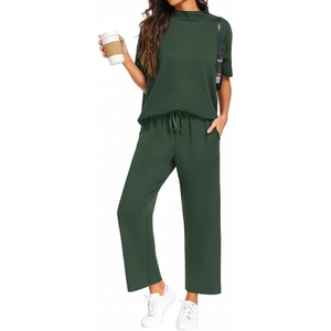 image:imagePrinStory Womens 2 Piece Lounge Sets Casual Outfits Pullover Top and Wide Leg Pants Matching Pjs Soft Pajamas LoungewearDeep Green