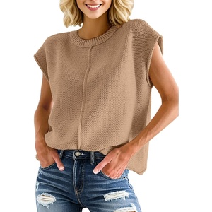 image:imagePrinStory Womens Cap Sleeve Tops Summer Casual Crew Neck Loose Fit Knit Lightweight Sweater Pullover Top