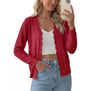 image:imagePrinStory Womens Cardigan Sweaters Long Sleeve Casual Button Down VNeck Open Front Hollow Lightweight Knit Clothes 202610red