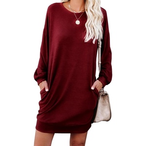 image:imagePrinStory Womens Casual Sweater Dresses Fall Winter Crewneck Loose Fit Pullover Tunic Dress with Side Pockets for Work S4XLA01wine Red