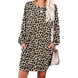 image:imagePrinStory Womens Casual Sweater Dresses Fall Winter Crewneck Loose Fit Pullover Tunic Dress with Side Pockets for Work S4XLA42leopard Khaki