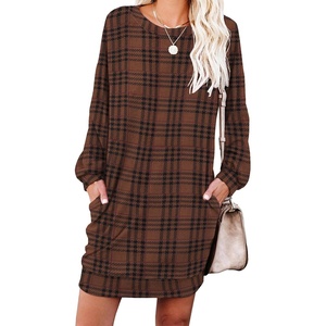 image:imagePrinStory Womens Casual Sweater Dresses Fall Winter Crewneck Loose Fit Pullover Tunic Dress with Side Pockets for Work S4XLA43brown Black Plaid
