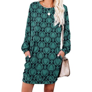 image:imagePrinStory Womens Casual Sweater Dresses Fall Winter Crewneck Loose Fit Pullover Tunic Dress with Side Pockets for Work S4XLA46blue Green Flower