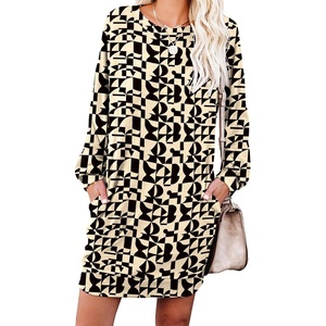 image:imagePrinStory Womens Casual Sweater Dresses Fall Winter Crewneck Loose Fit Pullover Tunic Dress with Side Pockets for Work S4XLA54apricot Geometry