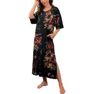 image:imagePrinStory Womens Long Nightgown Round Neck Nightshirts Short Sleeve Loose Loungewear Casual Sleep Dress With PocketsA02 Fpbrown Black