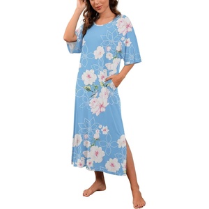 image:imagePrinStory Womens Long Nightgown Round Neck Nightshirts Short Sleeve Loose Loungewear Casual Sleep Dress With PocketsFplight Blue