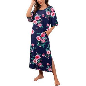 image:imagePrinStory Womens Long Nightgown Round Neck Nightshirts Short Sleeve Loose Loungewear Casual Sleep Dress With PocketsFpnavy Blue