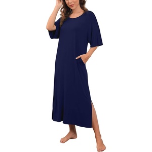 image:imagePrinStory Womens Long Nightgown Round Neck Nightshirts Short Sleeve Loose Loungewear Casual Sleep Dress With PocketsNavy Blue