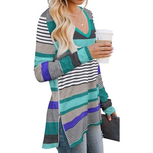 image:imagePrinStory Womens Long Sleeve Shirt Fall Tops Casual V Neck Side Split Shirt With Side ZipperFp Blue Stripe