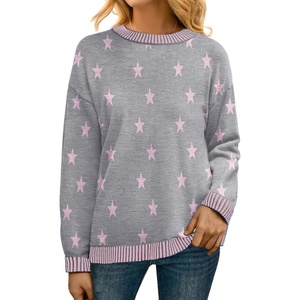 image:imagePrinStory Womens Long Sleeve Sweaters Loose Fit Crewneck Pullover Tops with Side Slits 2025 Fall Outfits Fashion ClothesGray Pink Star