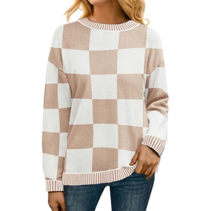 image:imagePrinStory Womens Long Sleeve Sweaters Loose Fit Crewneck Pullover Tops with Side Slits 2025 Fall Outfits Fashion ClothesWhite Camel Plaid