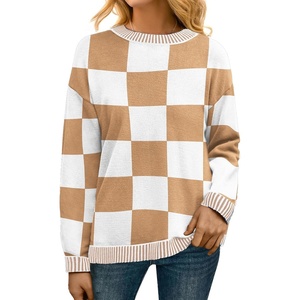 image:imagePrinStory Womens Long Sleeve Sweaters Loose Fit Crewneck Pullover Tops with Side Slits 2025 Fall Outfits Fashion ClothesWhite Khaki Plaid