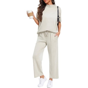 image:imagePrinStory Womens Lounge Set Summer 2 Piece Outfits Pullover Top and Wide Leg Pants Matching Sets 2026Beige